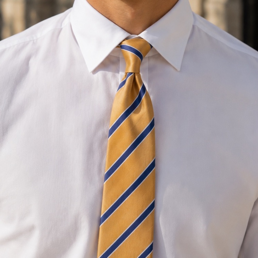 Isaia 7-Fold Silk Repp Yellow Tie with Cobalt Striping (New w/ Tags)